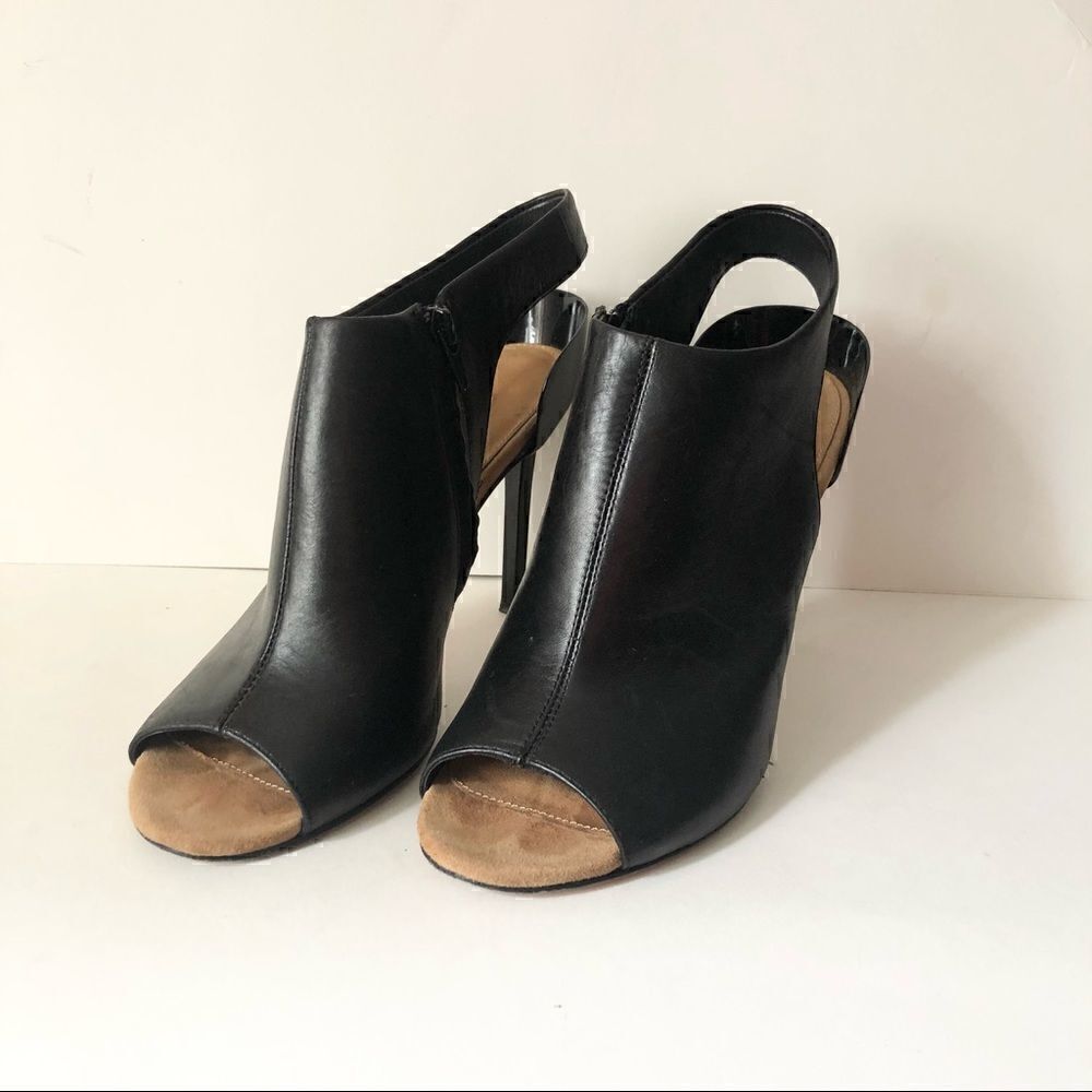 Diane Von Furstenburg black leather sling back peep toe stiletto heels